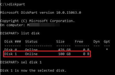 The diskpart window shows outputs of list disk and sel disk 1 commands. Disk 0 and Disk 1 are displayed in the table. Disk 1 is the selected disk.