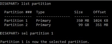 The diskpart window shows outputs of list partition and sel partition 1 commands. Partition 1 is the selected disk.
