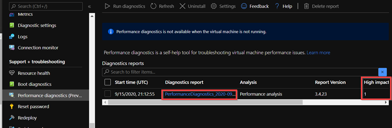 Screenshot of a high impact performance diagnostics.