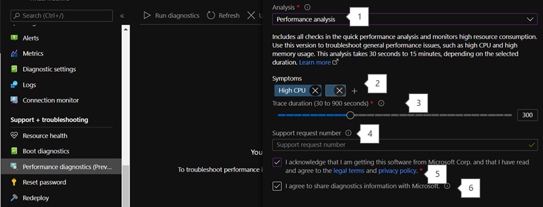 Screenshot of the Performance analysis settings in the Performance diagnostics option.