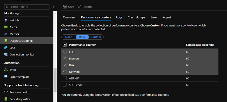 Screenshot of Basic categories option in the Performance Counters tab of the Diagnostic settings page.