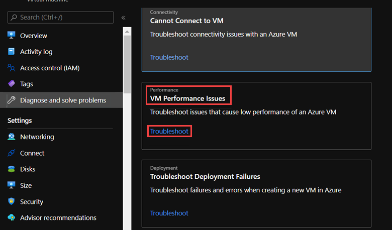 Screenshot of the VM Performance Issues in the Diagnose and solve problem option.