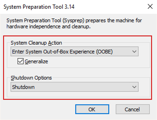 Screenshot of the System Preparation Tool window with O O B E, Generalize, and Shutdown options selected.