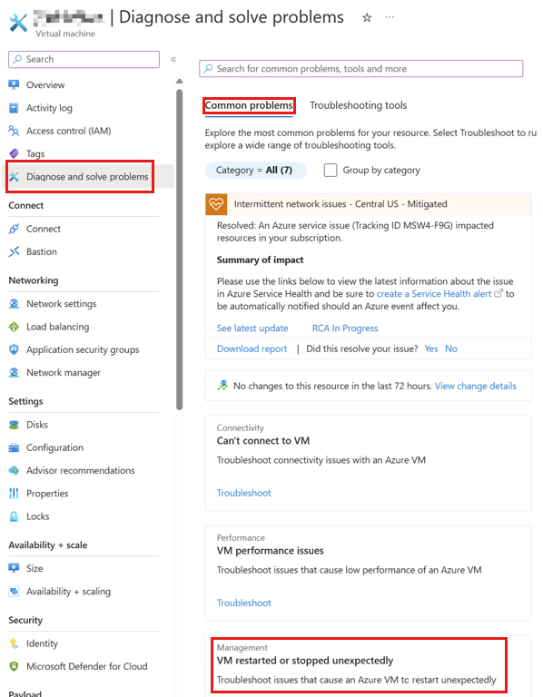 Screenshot that shows 'Diagnose and solve problems' for Azure VM.