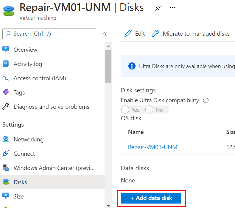 Screenshot of the Disks blade of the repair VM in Azure portal, with the Add data disk button highlighted.