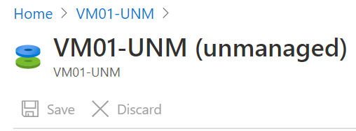 Screenshot shows the word unmanaged appended to the name of a V M in the Azure portal.