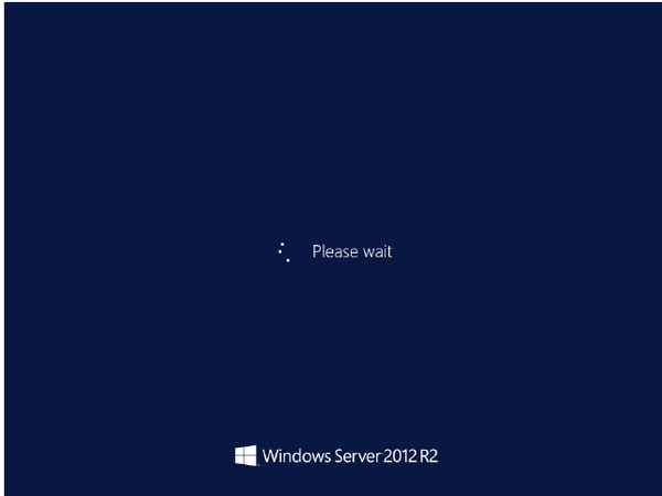 Screenshot shows 'Please wait' is loading in Windows Server 2012.