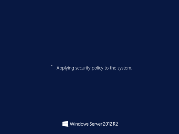 Screenshot of Windows Server 2012 R2 startup screen is stuck.