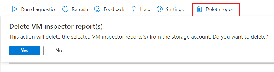 Screenshot of the Delete Report button in the menu of the VM Inspector window, and the Yes and No buttons for the request to delete the report.
