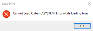Screenshot shows an error occurs stating that the Registry Editor can't load the hive.