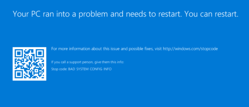 Screenshot of the Windows stop code BAD_SYSTEM_CONFIG_INFO.