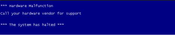 Screenshot shows a blue hardware malfunction crash screen.