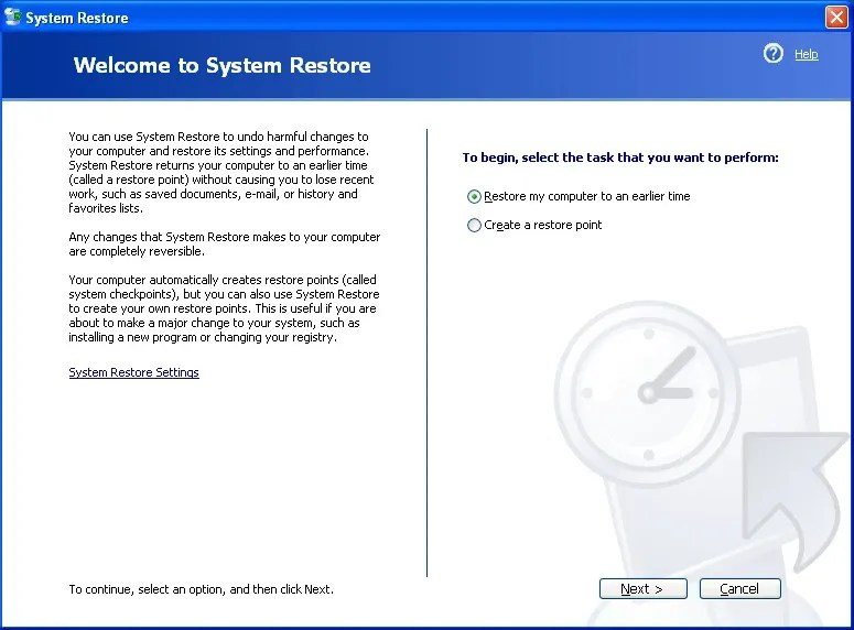 Screenshot of Welcome to System Restore page.