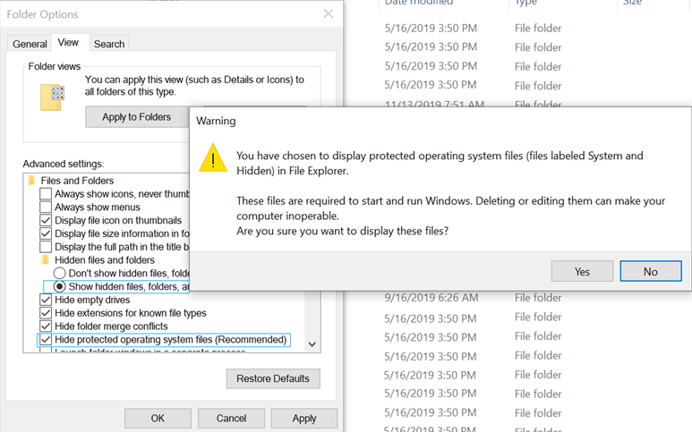An alert appears when you clear the option to hide protected files.