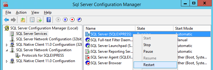 Screenshot shows menus to restart a SQL Server instance.