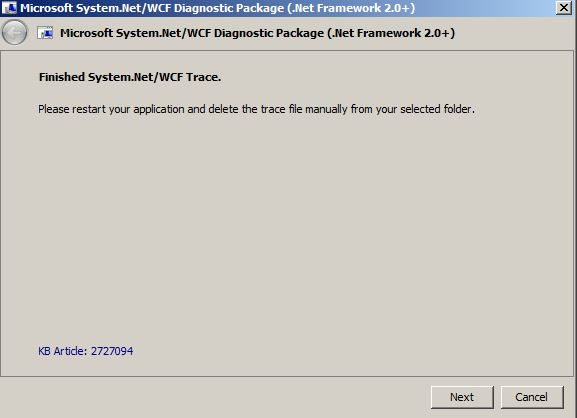 Screenshot shows Finished System.Net or WCF Trace.