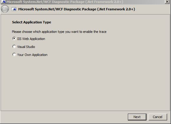 Screenshot of the System.Net or WCF package Window to select the application type. In this example, the IIS Web Application option is selected.