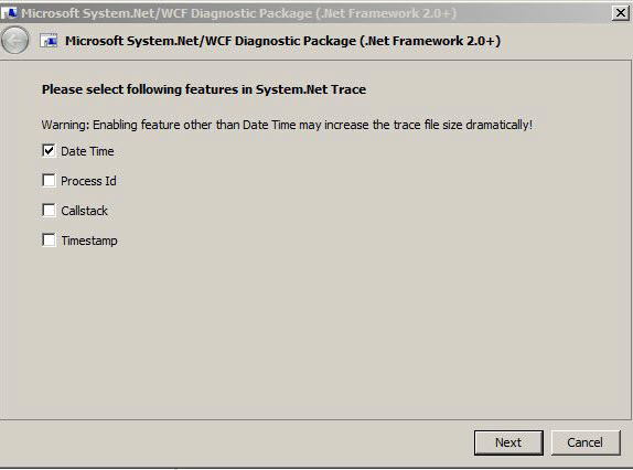 Screenshot to select the features in System.Net Trace.