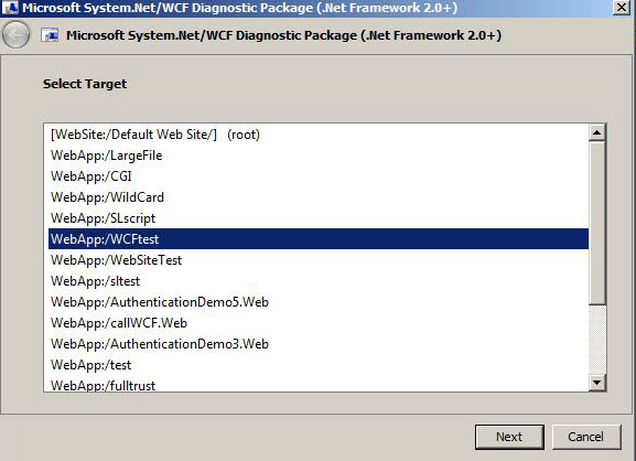The System.Net or WCF package window with WebApp:/WCFtest highlighted.