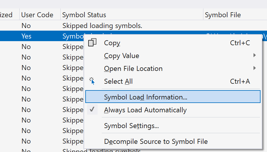 Screenshot of Symbol Load Information in the Modules window.