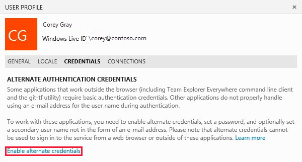Screenshot of the User profile page. Under credentials tab, there's an Enable alternate credentials link option.