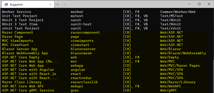 Screenshot of dotnet new command.