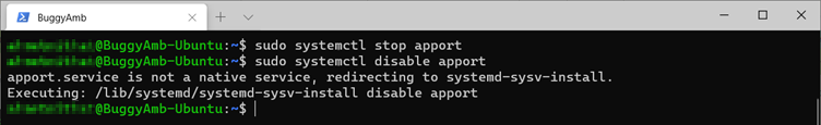 Screenshot of sudo systemctl stop apport command.