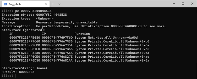 Screenshot of unknow exception type in command.