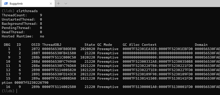 Screenshot of clrthreads command.