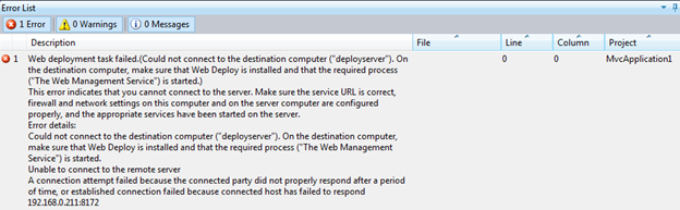 Screenshot that shows the Error List output in Visual Studio.
