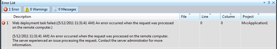 Screenshot that shows the Error List page in Visual Studio with a permissions error in focus.