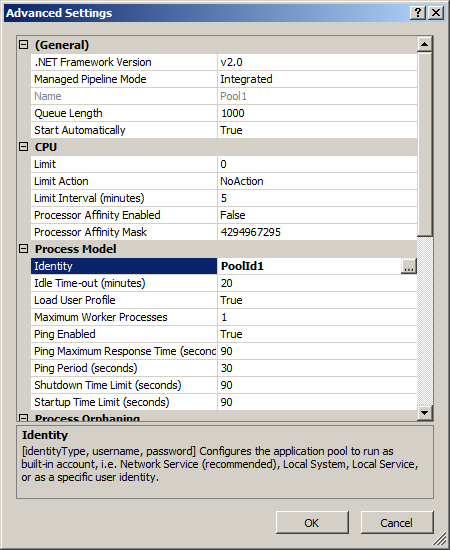 Screenshot of the Advanced Settings dialog box. Identity is highlighted.