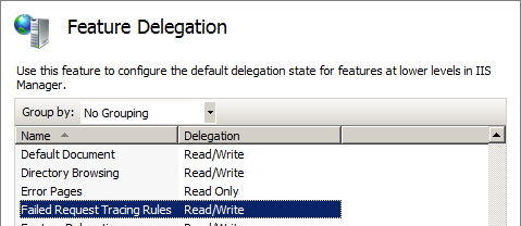 Screenshot of the Feature Delegation dialog box. Failed Request Tracing Rules is highlighted.