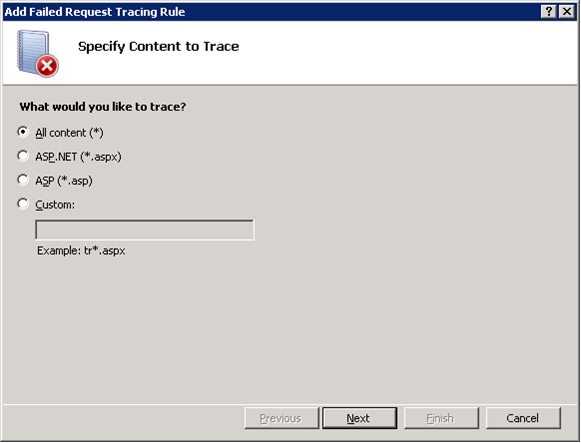 Screenshot of the Add Failed Request Tracing Rule window. All content is selected.