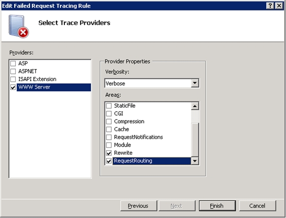 Screenshot of the Edit Failed Request Tracing Rule window. W W W server is selected in the Providers section.