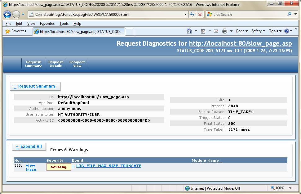 Screenshot of a browser window displaying the Request Summary of a failed trace log warning.