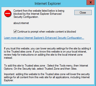 Screenshot of Internet Explorer dialog box with Continue to prompt when website content is blocked option selected.