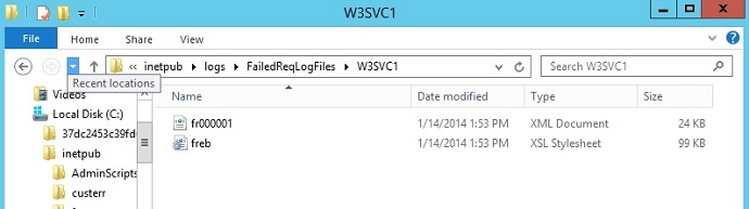 Screenshot of W 3 S V C 1 folder in failed Req Log Files directory.