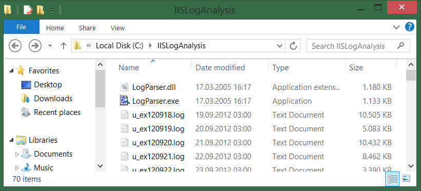 Screenshot of Windows Explorer showing the location of the log parser executable.