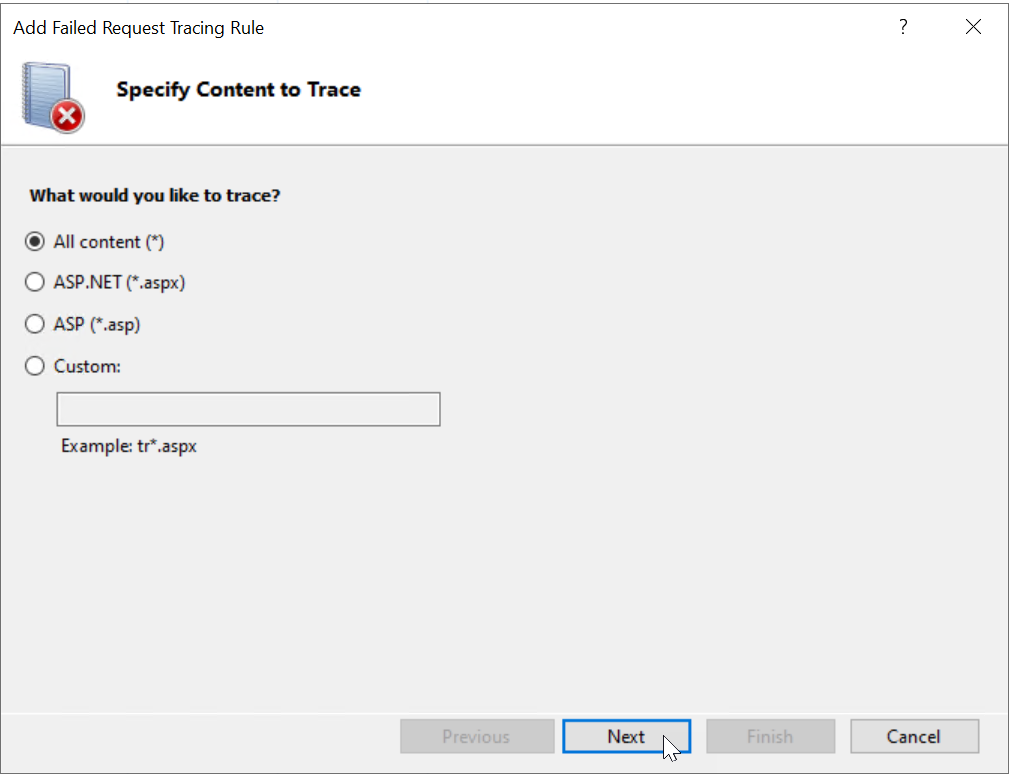 Screenshot of the Add Failed Request Tracing Rule dialog box with the All content option selected.
