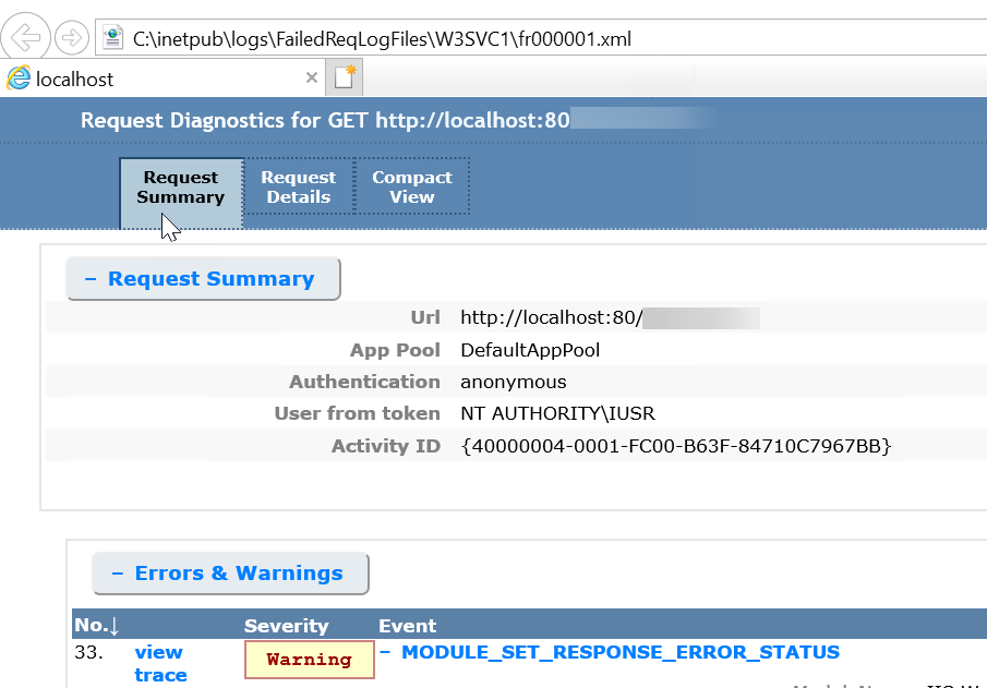 Screenshot of the Request Summary tab of the Request Diagnostics webpage.