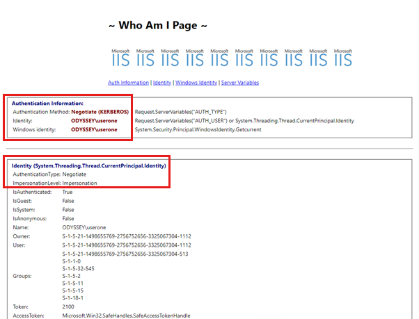 Screenshot shows the Who Am I Page with authentication information and identity.