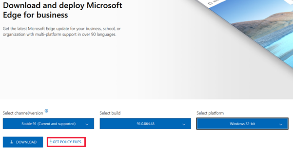 Screenshot of download and deploy Microsoft Edge for business page.