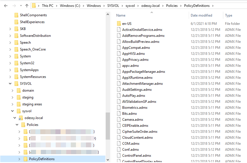 Screenshot of the policy definitions folder under Policies folder.