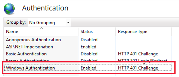 Screenshot of Windows Authentication setting.