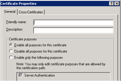 Screenshot shows a portion of the Certificate Properties dialog where the enable all purposes for this certificate is selected.