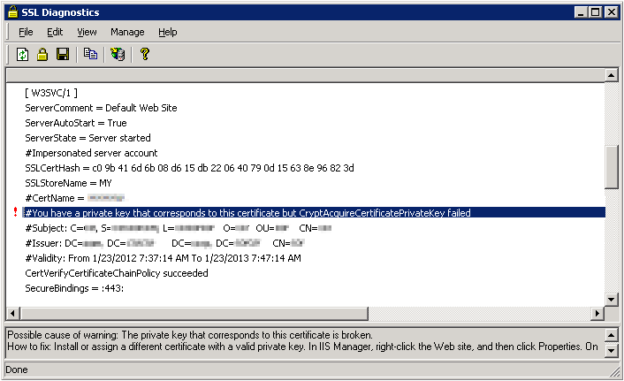 Screenshot of the SSL Diagnostics window. The failure message is highlighted.