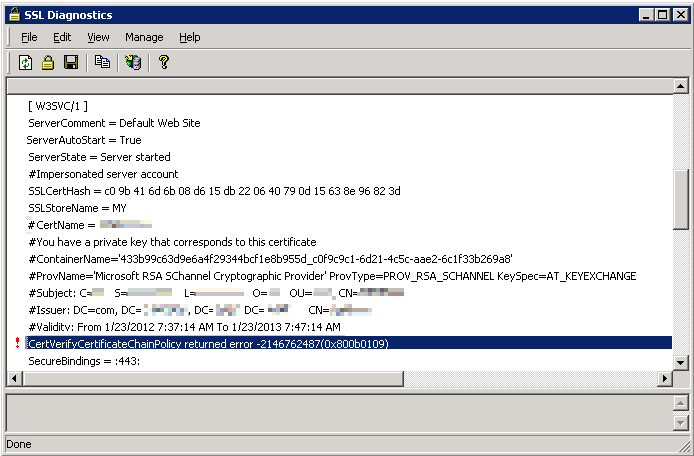 Screenshot of the SSL Diagnostics window, the error message is highlighted.