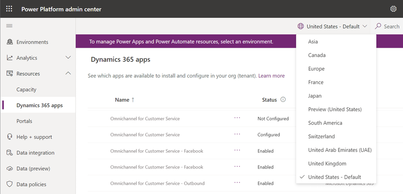 Screenshot that shows how to change region in the Power Platform admin center.