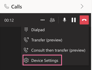 Screenshot that shows the Device Settings option in the dialer menu.